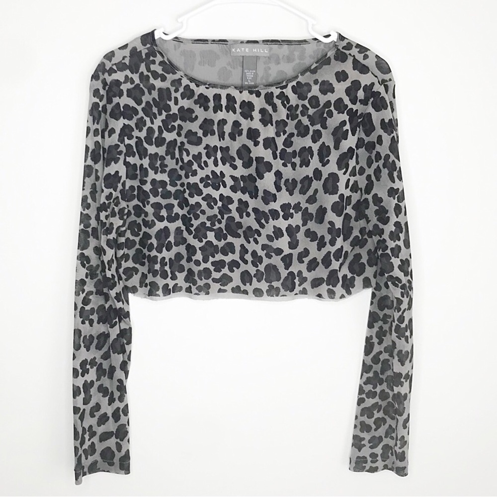Kate Hill Gray Leopard Print Long Sleeve Crop Top Size Large